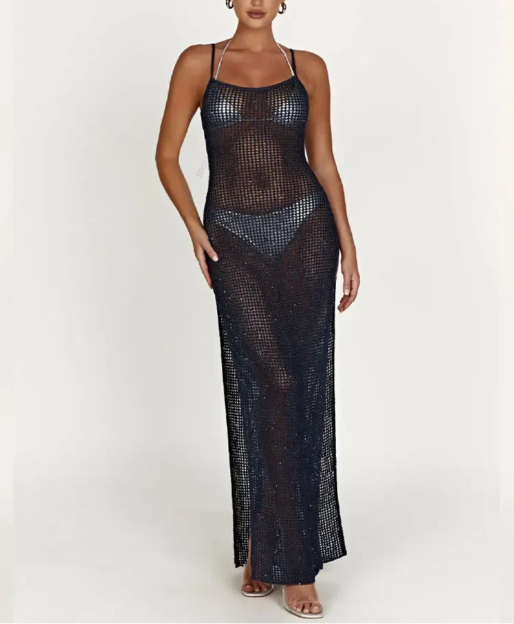 Sexy Backless High-Slit Knitted Maxi Dress – Stunning Beachwear Cover-Up