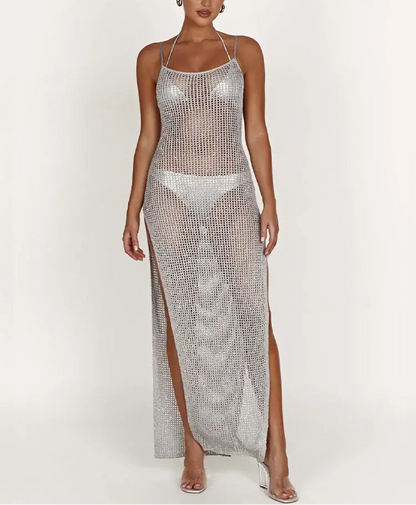 Sexy Backless High-Slit Knitted Maxi Dress – Stunning Beachwear Cover-Up