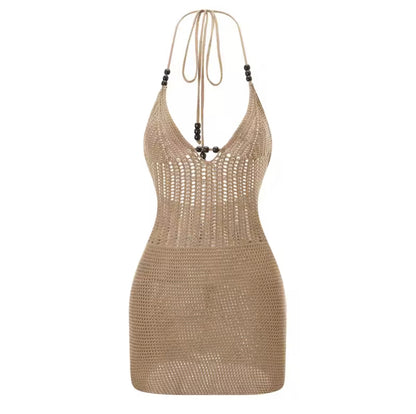 Sophia - Women Backless Halter Mini Dress Casual Summer Knit Crochet Cutout Bodycon Party Dress