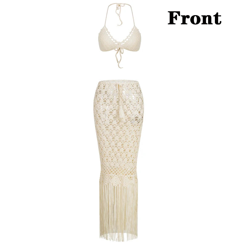 Alysa - Handmade Crochet Women Long Dress With Bikini Top Hollow-out Maxiskirt With Tassels Hem Beachwear