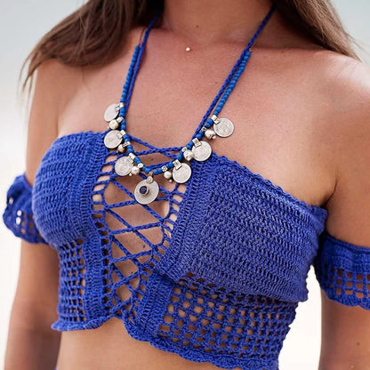 Bella - Women Bikini Top Bandage Hollow-out Tassel Swimsuit With Sleeves Summer Crochet Lace Top Swimwear