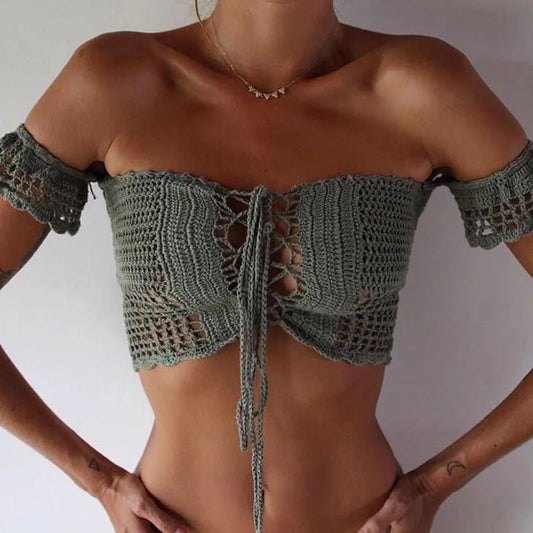 Bella - Women Bikini Top Bandage Hollow-out Tassel Swimsuit With Sleeves Summer Crochet Lace Top Swimwear