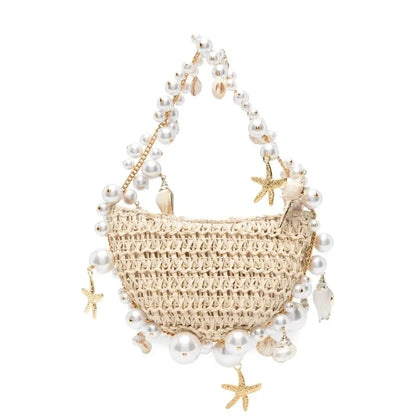 Pearl Woven Rattan Crossbody Bag – Boho Chic Handmade Shoulder Handbag