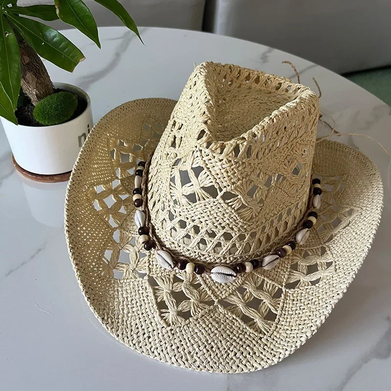 Bohemian Shell Straw Cowboy Hat – Handmade Wide-Brim Sun Hat