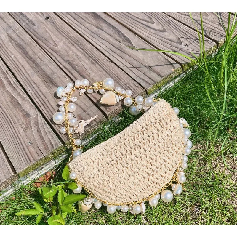 Pearl Woven Rattan Crossbody Bag – Boho Chic Handmade Shoulder Handbag