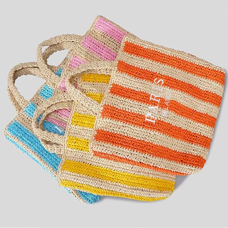 Casual Striped Straw Tote Bag – Handmade Summer Beach & Travel Handbag