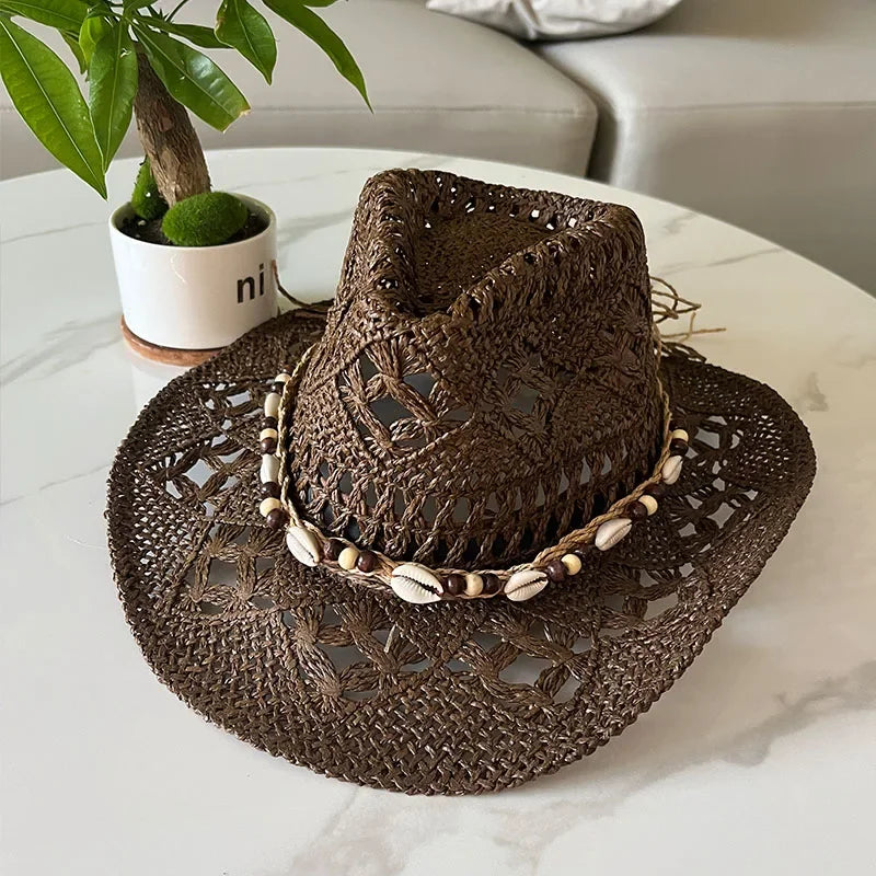 Bohemian Shell Straw Cowboy Hat – Handmade Wide-Brim Sun Hat