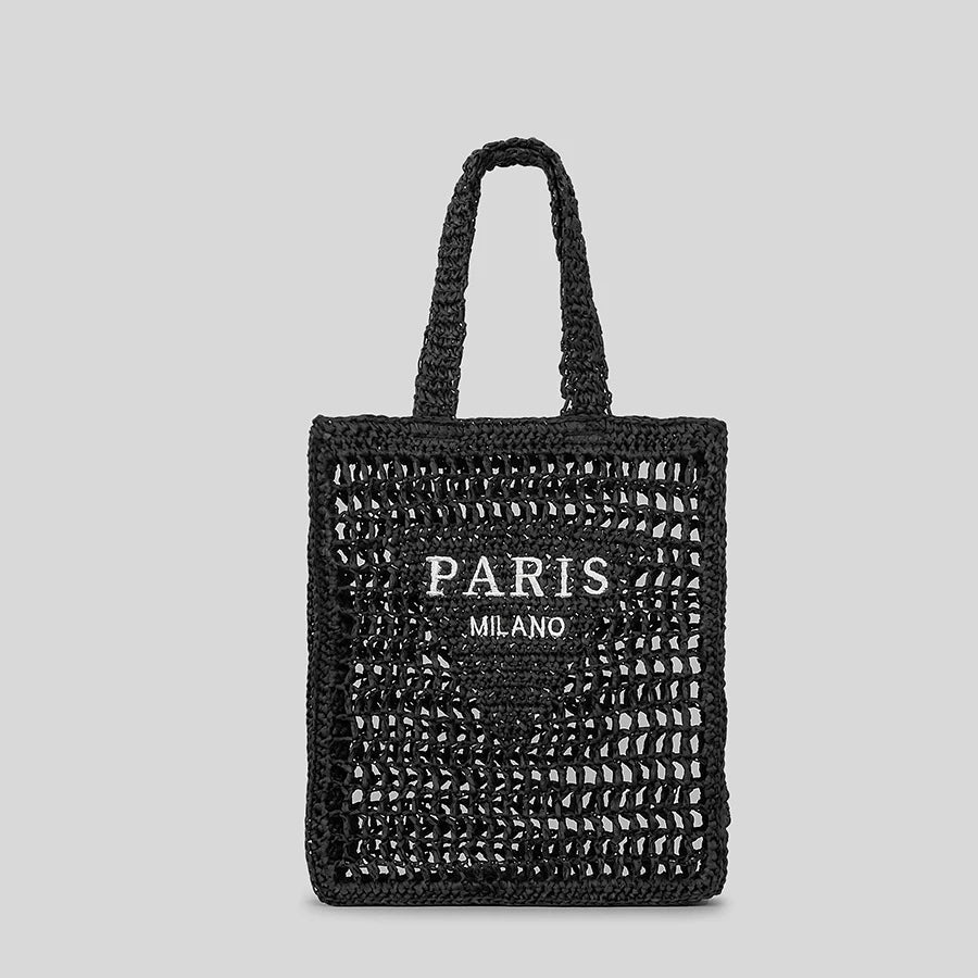 “Paris Milano” Hollow-Out Straw Tote – Handmade Designer-Inspired Summer Beach Bag