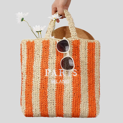 Casual Striped Straw Tote Bag – Handmade Summer Beach & Travel Handbag