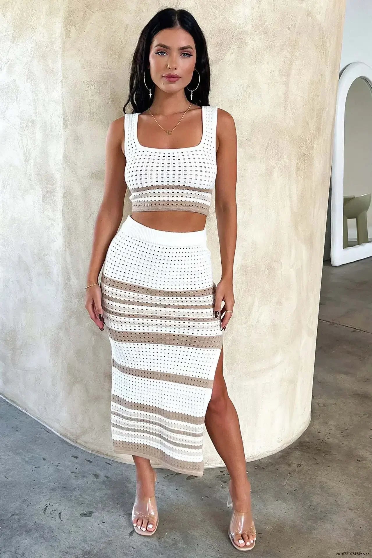 Knitted Hollow-Out Top & Skirt Set – Lace-Up Two-Piece Summer Outfit