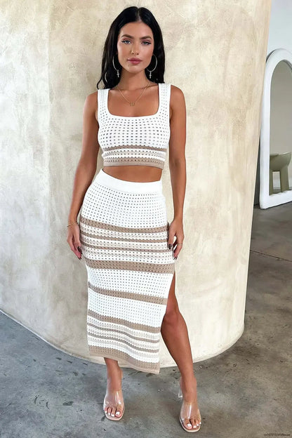 Knitted Hollow-Out Top & Skirt Set – Lace-Up Two-Piece Summer Outfit