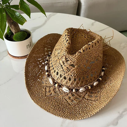 Bohemian Shell Straw Cowboy Hat – Handmade Wide-Brim Sun Hat