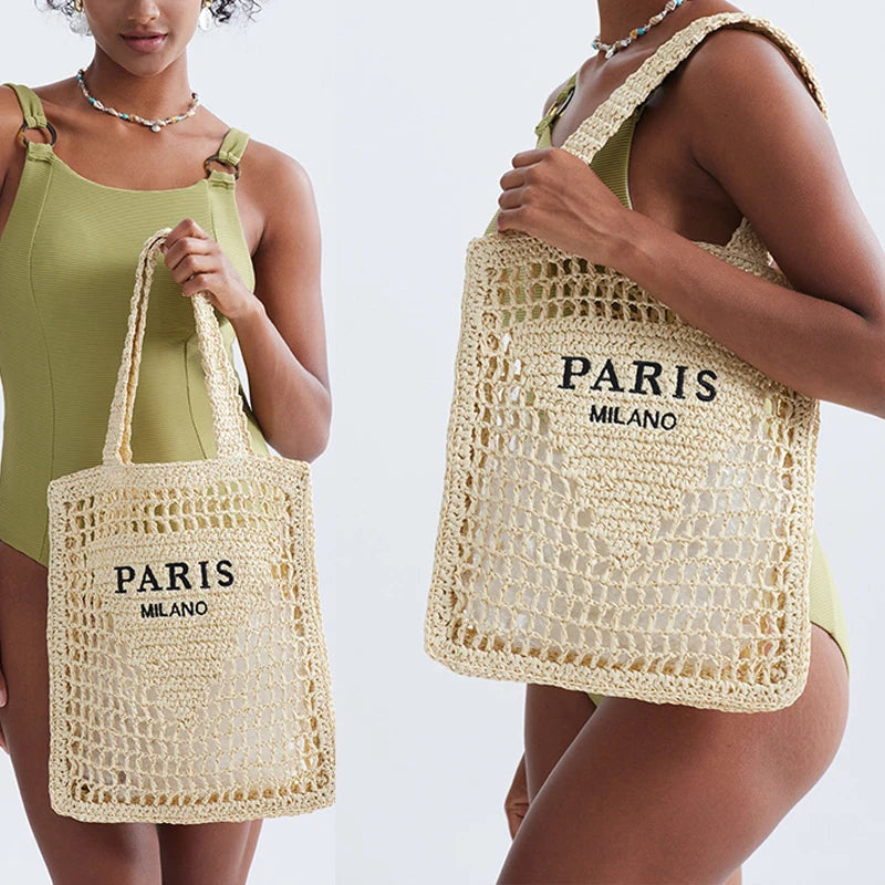 “Paris Milano” Hollow-Out Straw Tote – Handmade Designer-Inspired Summer Beach Bag