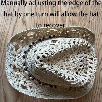 Bohemian Shell Straw Cowboy Hat – Handmade Wide-Brim Sun Hat