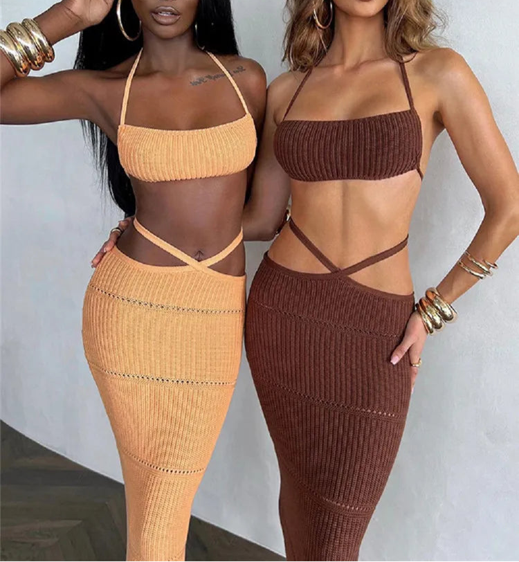 Laura - Knitted 2 Pieces Beach Halter Crop Top and Cross Wrapped Long Skirt