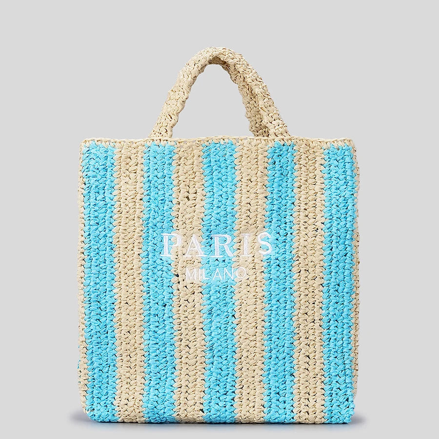 Casual Striped Straw Tote Bag – Handmade Summer Beach & Travel Handbag