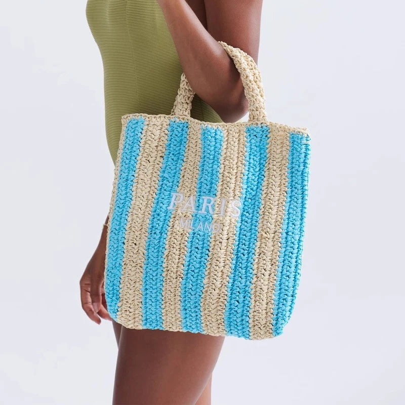 Casual Striped Straw Tote Bag – Handmade Summer Beach & Travel Handbag