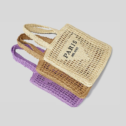 “Paris Milano” Hollow-Out Straw Tote – Handmade Designer-Inspired Summer Beach Bag