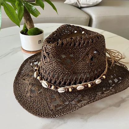 Bohemian Shell Straw Cowboy Hat – Handmade Wide-Brim Sun Hat