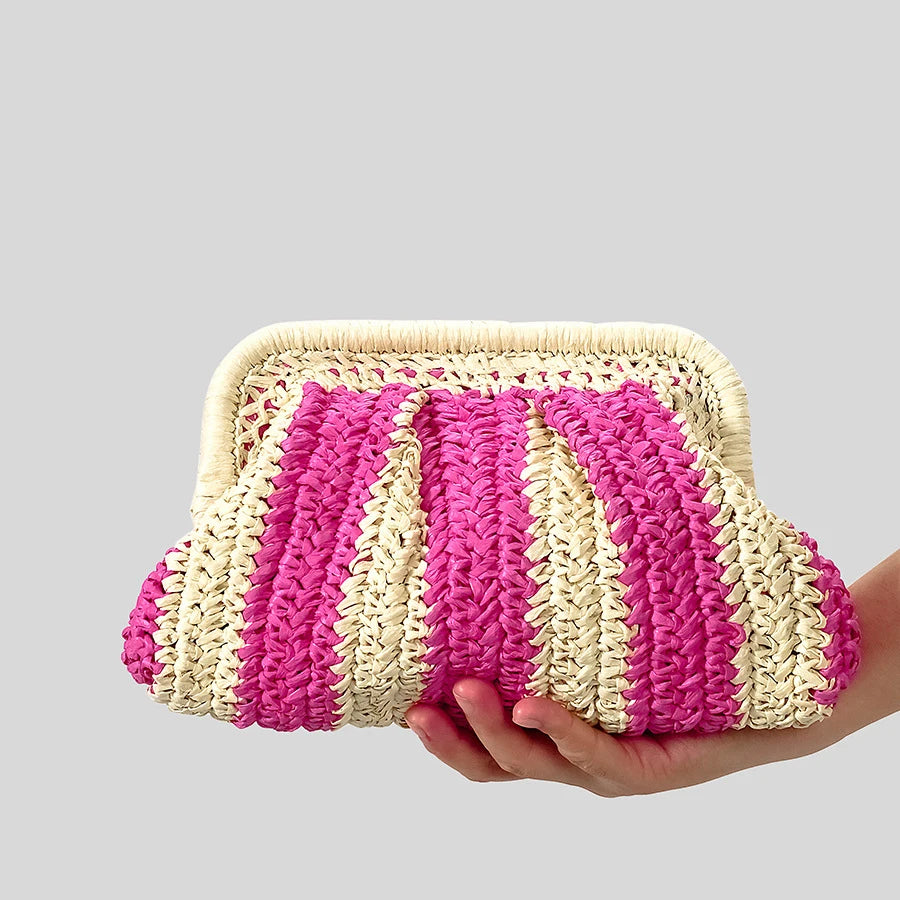 Handmade Striped Straw Clutch Bag – Woven Crossbody Purse for Women | Boho Summer Beach Bag