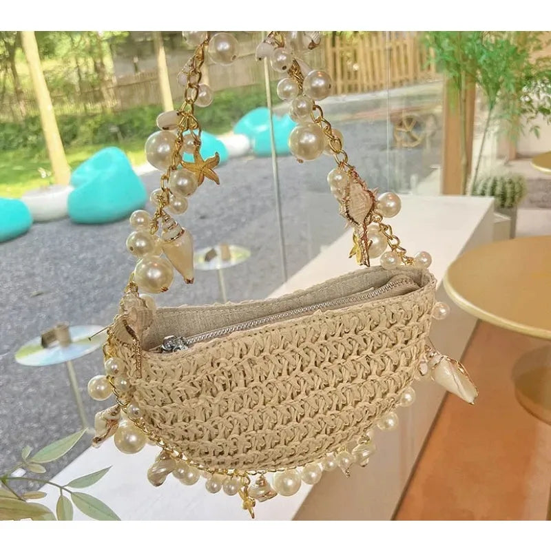 Pearl Woven Rattan Crossbody Bag – Boho Chic Handmade Shoulder Handbag