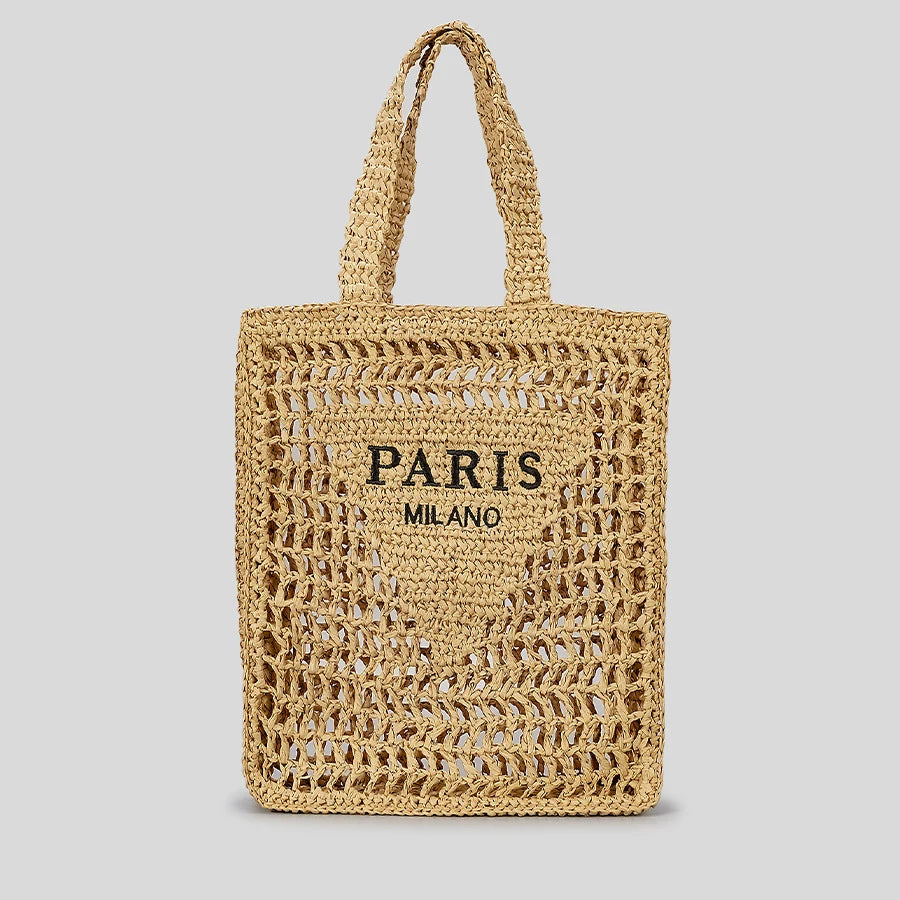 “Paris Milano” Hollow-Out Straw Tote – Handmade Designer-Inspired Summer Beach Bag