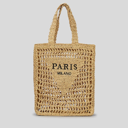 “Paris Milano” Hollow-Out Straw Tote – Handmade Designer-Inspired Summer Beach Bag