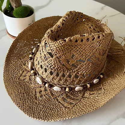 Bohemian Shell Straw Cowboy Hat – Handmade Wide-Brim Sun Hat