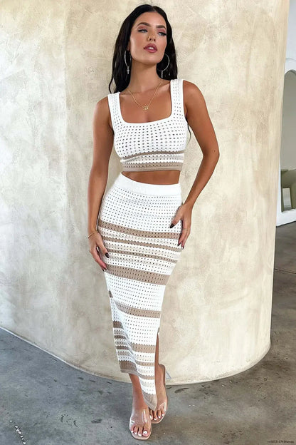 Knitted Hollow-Out Top & Skirt Set – Lace-Up Two-Piece Summer Outfit