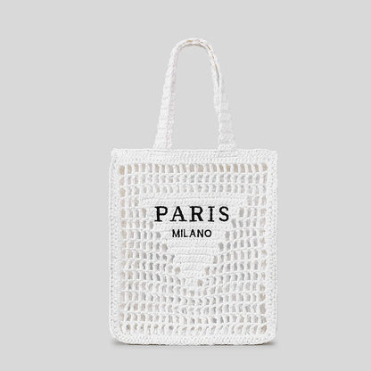 “Paris Milano” Hollow-Out Straw Tote – Handmade Designer-Inspired Summer Beach Bag