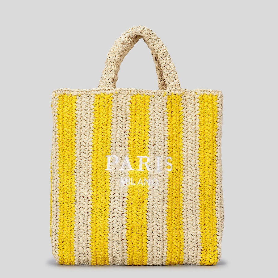 Casual Striped Straw Tote Bag – Handmade Summer Beach & Travel Handbag