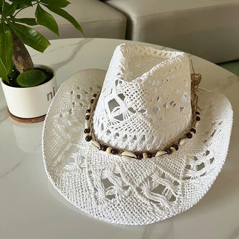 Bohemian Shell Straw Cowboy Hat – Handmade Wide-Brim Sun Hat