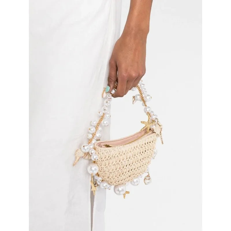 Pearl Woven Rattan Crossbody Bag – Boho Chic Handmade Shoulder Handbag