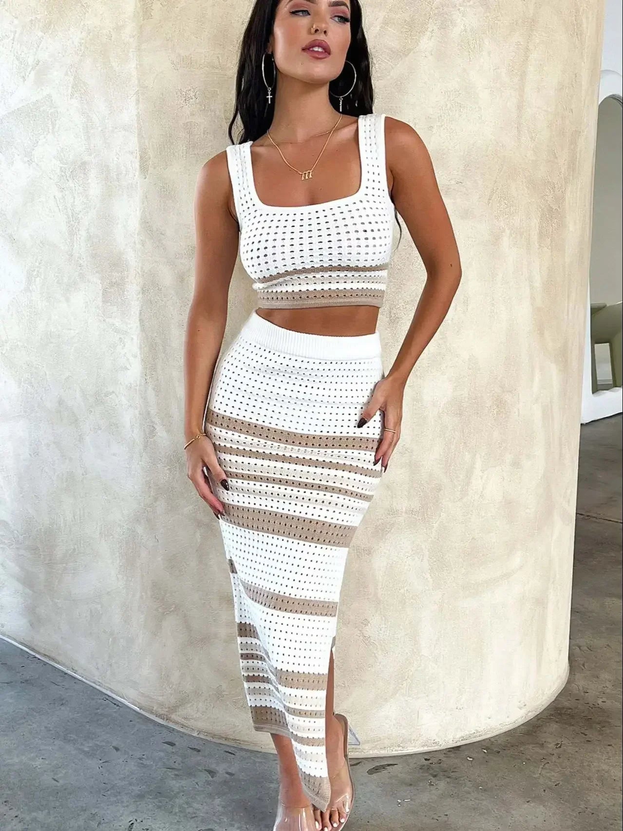 Knitted Hollow-Out Top & Skirt Set – Lace-Up Two-Piece Summer Outfit