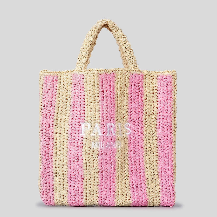 Casual Striped Straw Tote Bag – Handmade Summer Beach & Travel Handbag