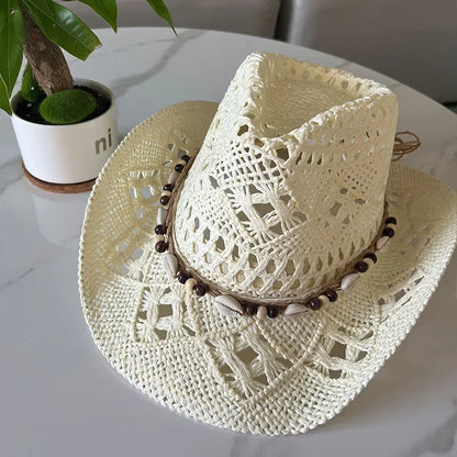 Bohemian Shell Straw Cowboy Hat – Handmade Wide-Brim Sun Hat