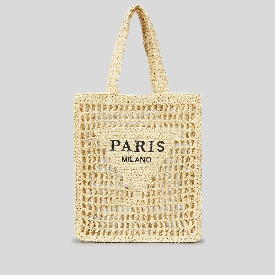 “Paris Milano” Hollow-Out Straw Tote – Handmade Designer-Inspired Summer Beach Bag