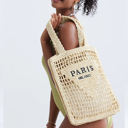 “Paris Milano” Hollow-Out Straw Tote – Handmade Designer-Inspired Summer Beach Bag