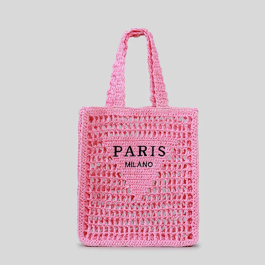 “Paris Milano” Hollow-Out Straw Tote – Handmade Designer-Inspired Summer Beach Bag