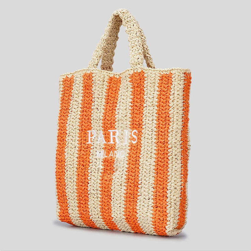 Casual Striped Straw Tote Bag – Handmade Summer Beach & Travel Handbag