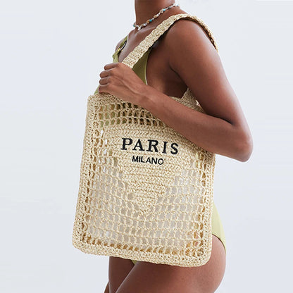 “Paris Milano” Hollow-Out Straw Tote – Handmade Designer-Inspired Summer Beach Bag